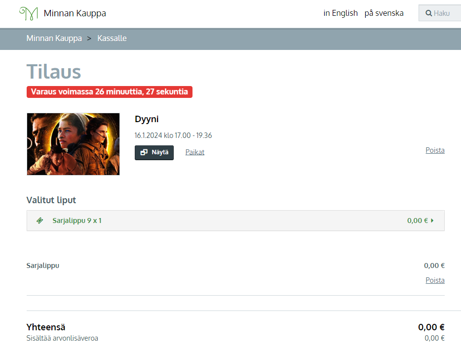 Näytöksen peruslipun tilalle vaihtui sarjalipun koodin myötä Sarjalippu 9 -niminen hinnoitteluun asetettu vaihtolippu