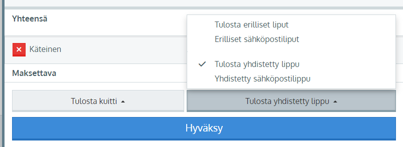 Jos tilauksella on lippuja tai arvokortteja/sarjalippuja, niiden tulostamiseen tai sähköpostilähetykseen tulee esille oma painike