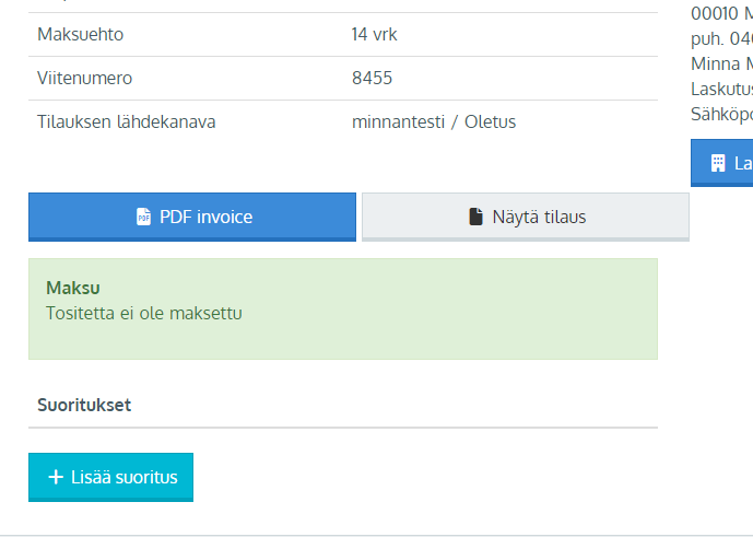 Lasku merkitään manuaalisesti maksetuksi lisäämällä laskulle maksusuoritus sitten kun maksu näkyy kauppiaan tilillä.