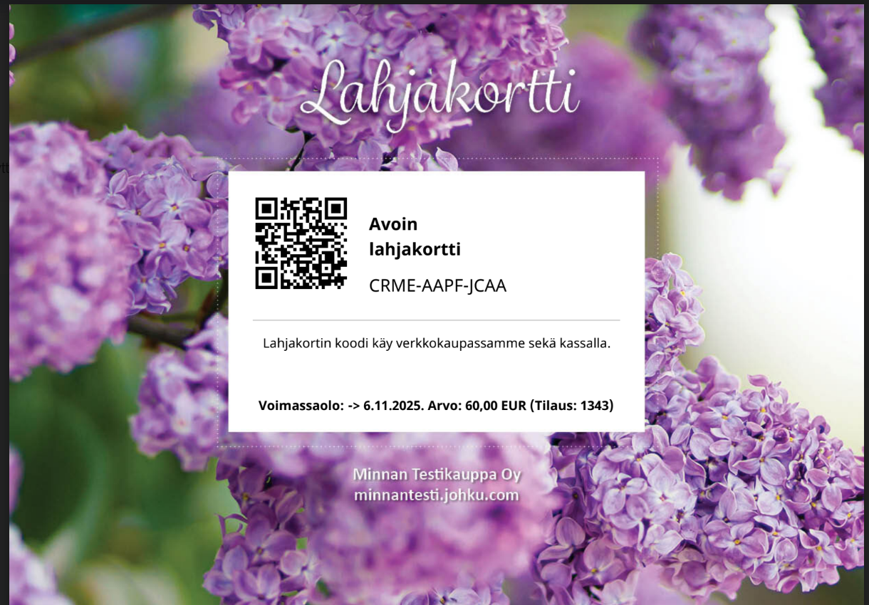 Asiakkaan saama PDF-arvokortti. Arvokortin tekstit latautuvat taustakuvan päälle, templaten marginaaliasetusten mukaan.