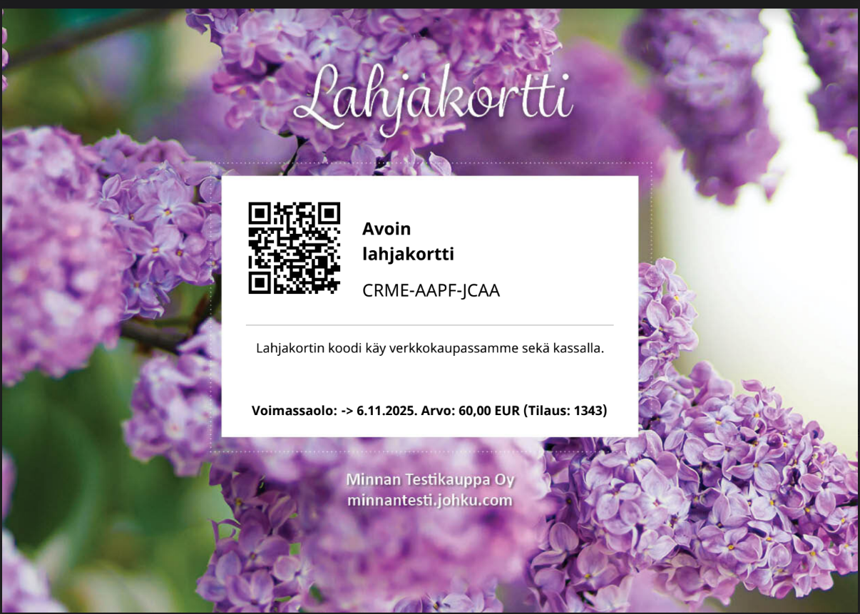 Sähköpostiin lähetetty PDF-arvokortti, jossa ehdot tulevat templaten Ehdot-kohdasta.