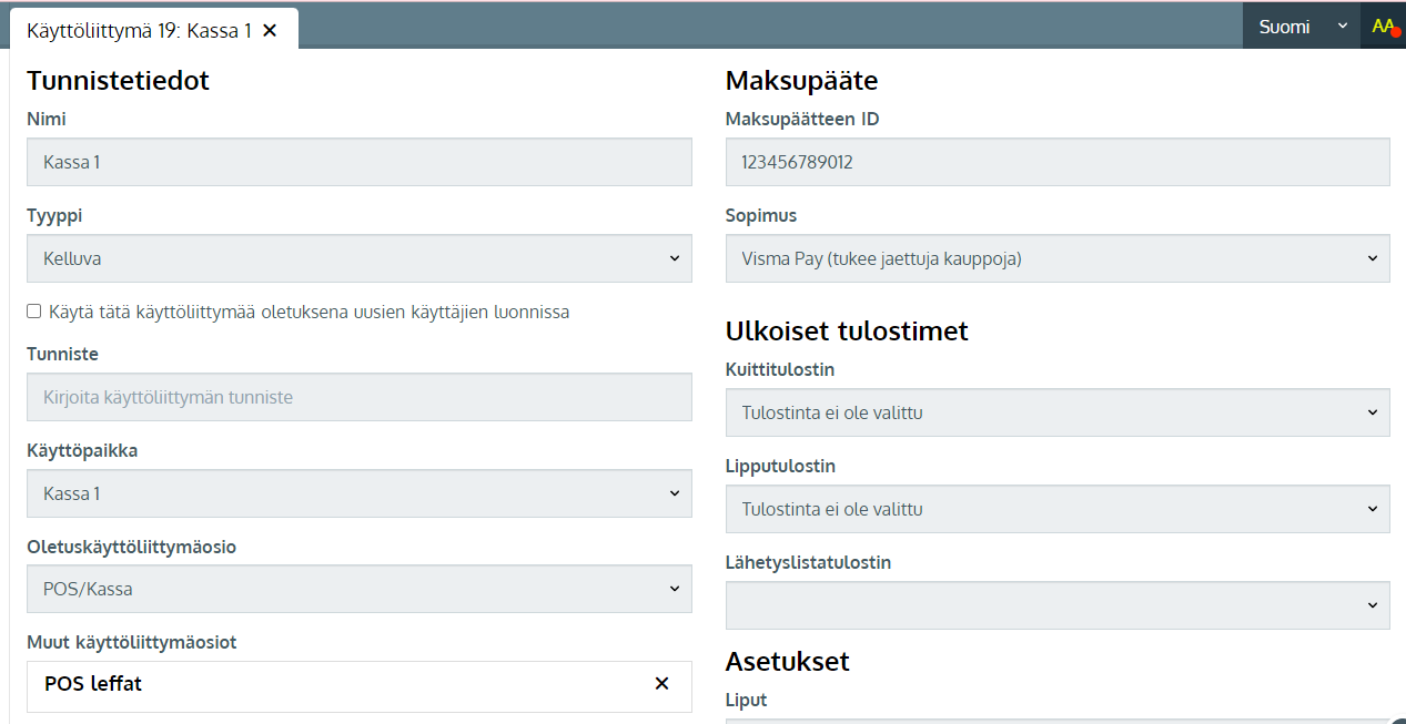 Syötä päätteen sarjanumero käyttöliittymän asetuksiin