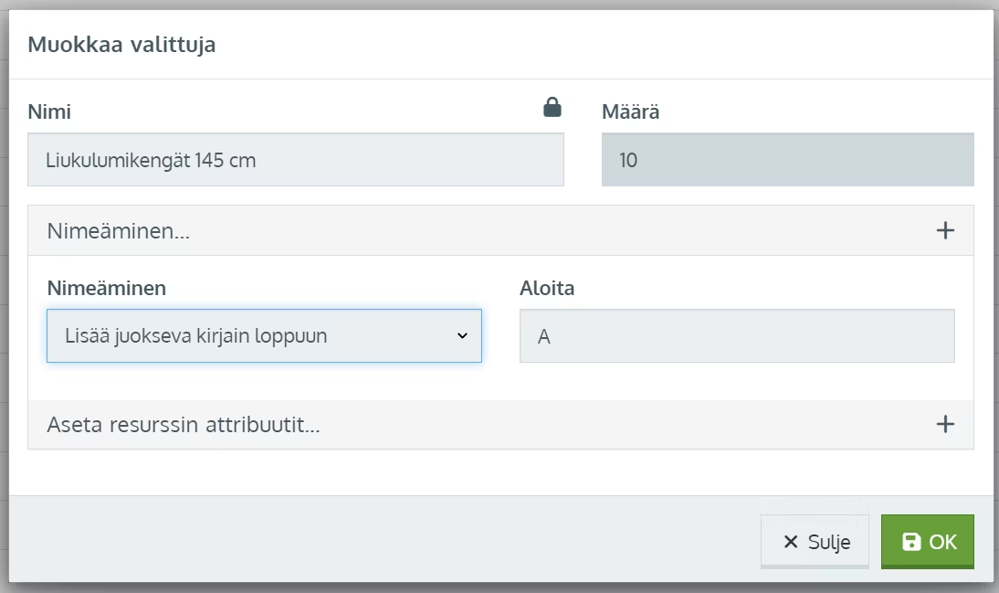 Tässä esimerkissä resurssien nimiksi tulee Liukulumikengät 145 cm A....Liukulumikengät 145 cm J