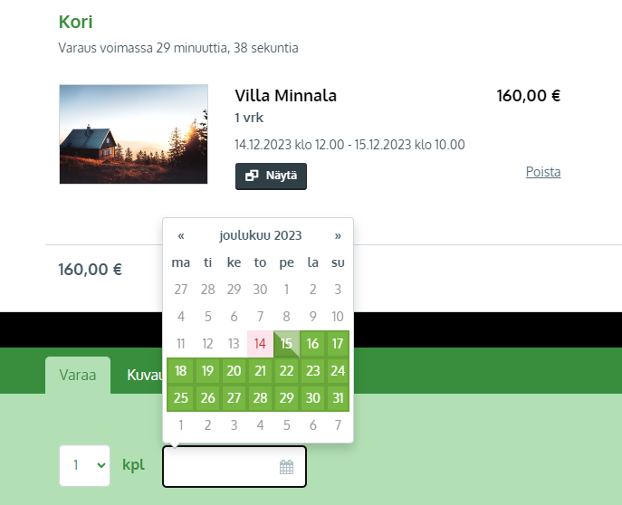 Varauksen voi tehdä samalle päivälle vaikka checkin-kellonaika klo 12 on jo mennyt