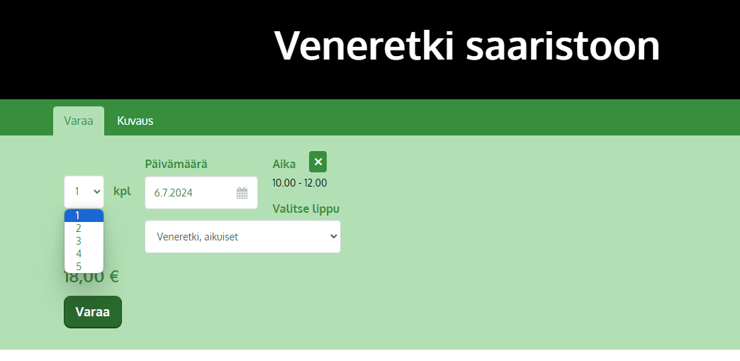 Veneretken resurssissa kapasiteetti on 25, mutta ostoskorin paikkarajoituksen vuoksi asiakas voi valita vain max 5 paikkaa/lippua tilaukseensa