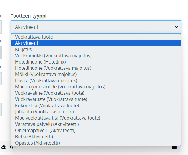 Näet tuotteen tyyppi -alasvetovalikosta ne tuotetyypit, joihin voit vaihtaa tuotteesi